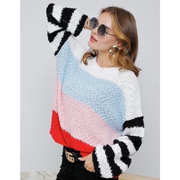 Adora Colorblock Sweater L Popcorn‎ Knit Bell Sleeve Pullover Trendy Cozy Top - Picture 10 of 10